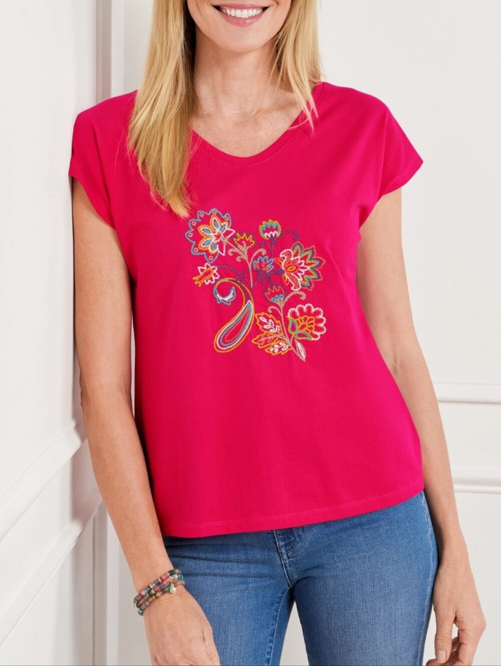 Talbots Hot Pink Short Sleeve Tee with Multicolor Floral Embroidery